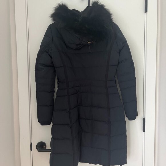 ZARA Navy Blue Hooded Long Puffer Down Coat Faux Fur With Belt Size S - Picture 2 of 8